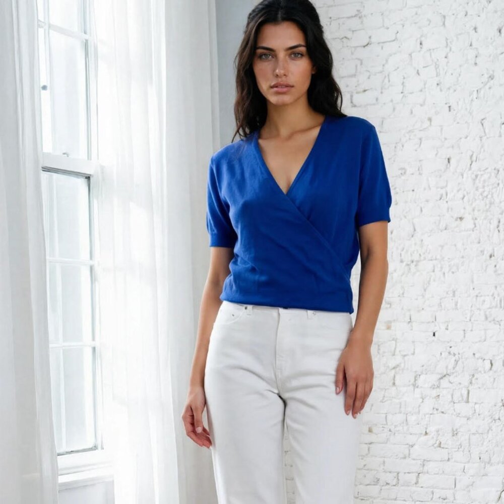 Crisca by Escada Ruched Crisscross Brilliant Blue Short Sleeve Top Vintage Y2K